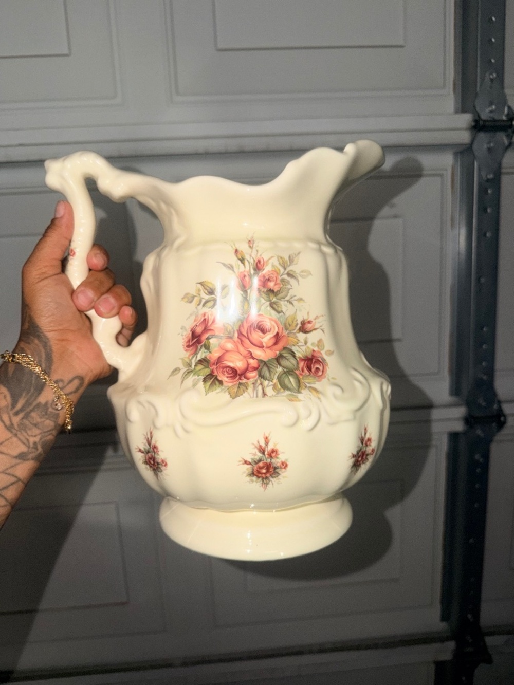 Vintage Cream Ceramic Floral Rose Pitcher Ewer